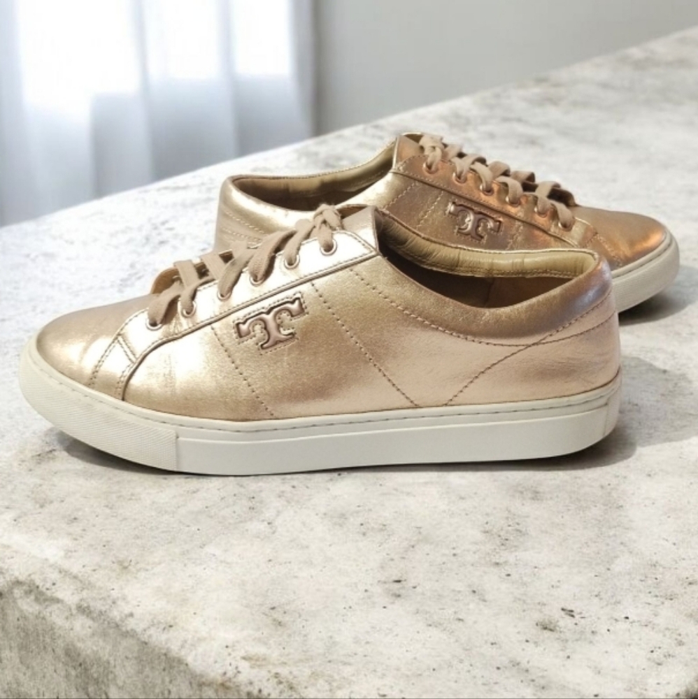 Tory Burch Women's Amalia Nappa Leather Metallic Rose Gold Lace-up Sneakers